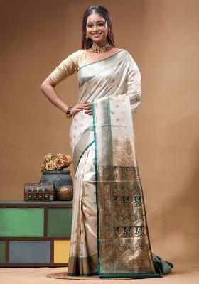 Off White Woven Design Silk Saree Set