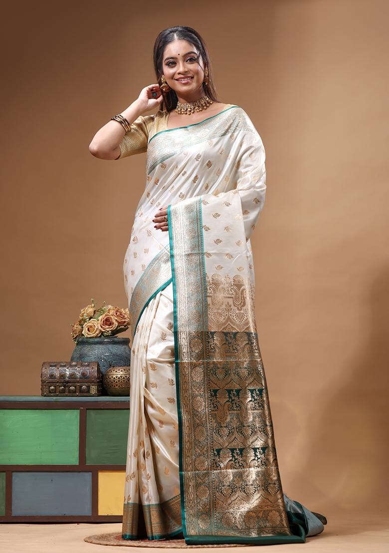 Off White Woven Design Silk Saree Set - Indya
