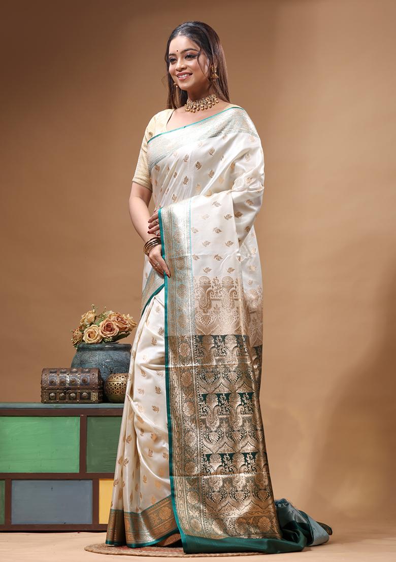Off White Woven Design Silk Saree Set - Indya