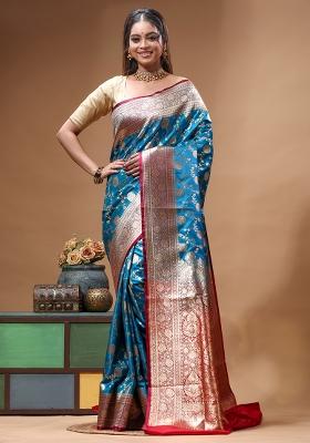 Blue Woven Design Silk Saree Set