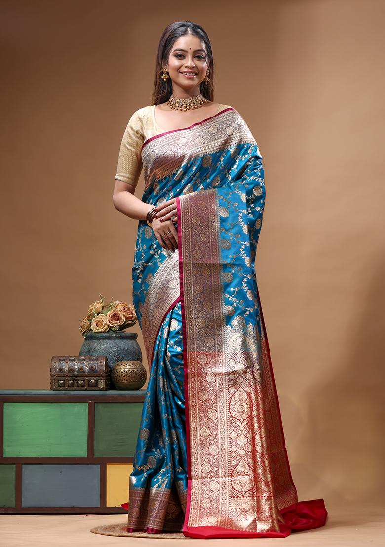 Blue Woven Design Silk Saree Set - Indya