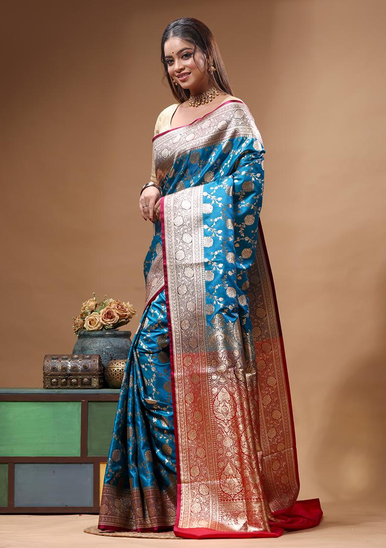Blue Woven Design Silk Saree Set - Indya