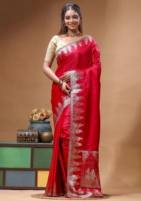 Red Sequin Work Silk Saree Set