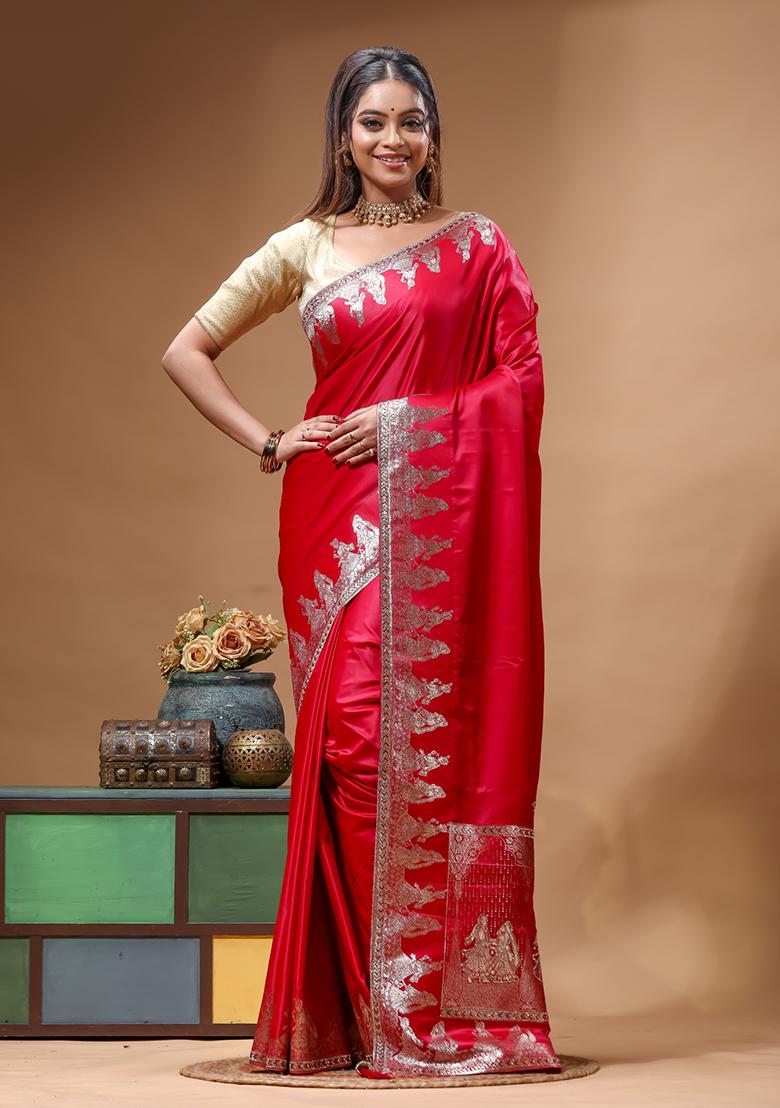 Red Sequin Work Silk Saree Set - Indya