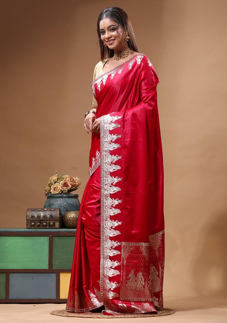 Red Sequin Work Silk Saree Set - Indya