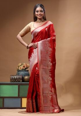 Red Woven Design Silk Saree Set