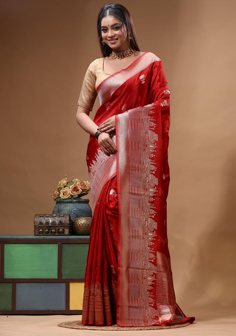 Red Woven Design Silk Saree Set - Indya