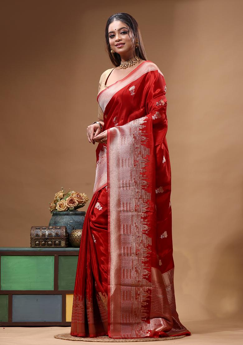 Red Woven Design Silk Saree Set - Indya