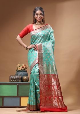 Blue Woven Design Silk Saree Set