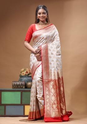 Off White Woven Design Silk Saree Set
