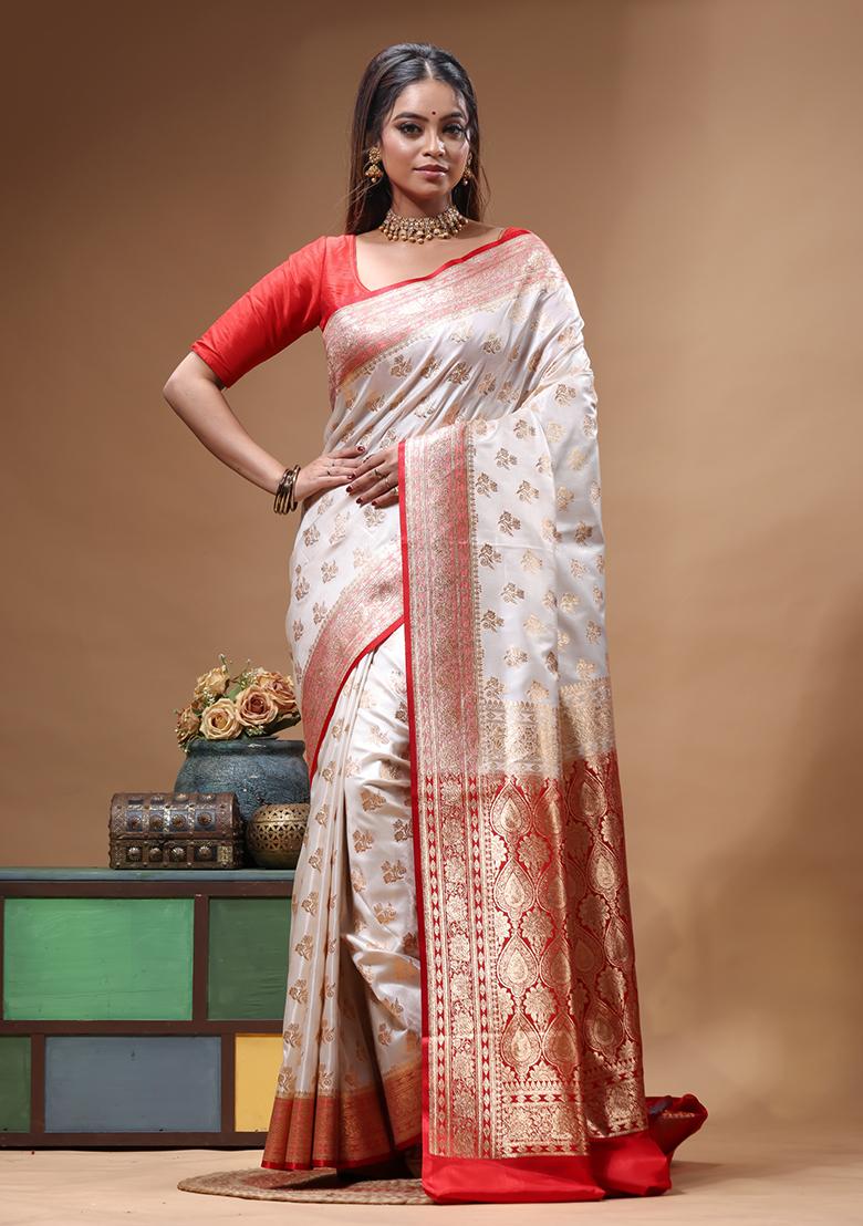 Off White Woven Design Silk Saree Set - Indya