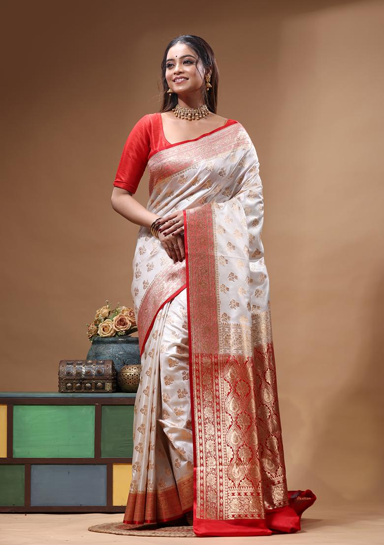 Off White Woven Design Silk Saree Set - Indya