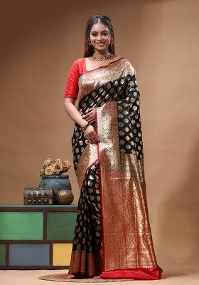 Black Woven Design Silk Saree Set