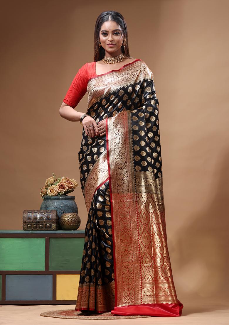 Black Woven Design Silk Saree Set - Indya