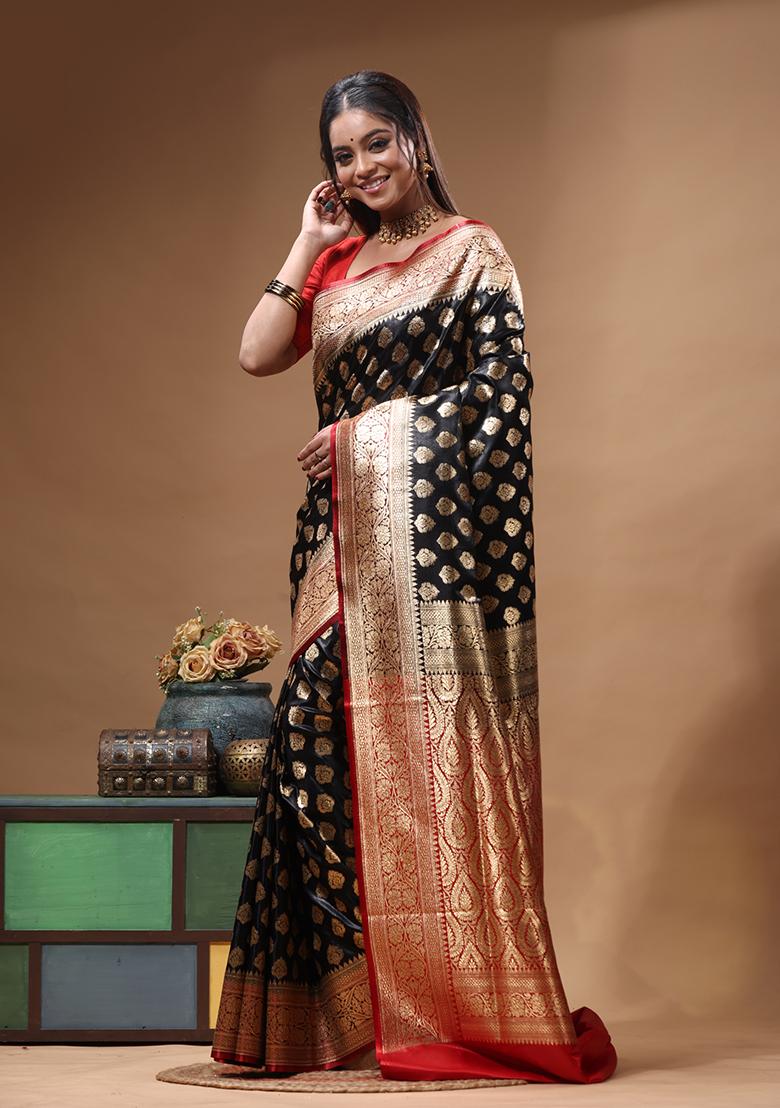 Black Woven Design Silk Saree Set - Indya