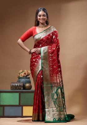 Red Woven Design Silk Saree Set