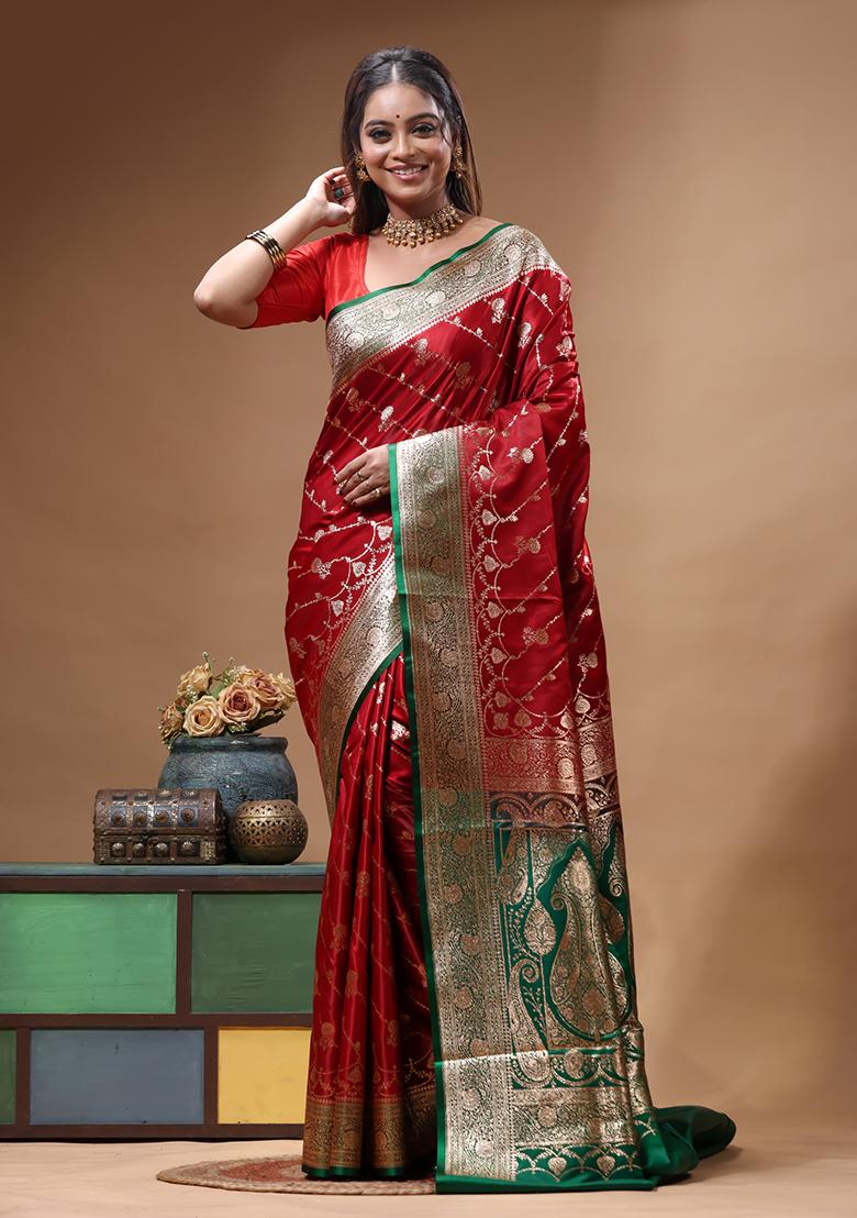 Red Woven Design Silk Saree Set - Indya