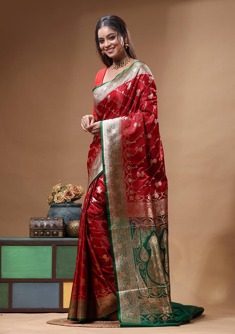 Red Woven Design Silk Saree Set - Indya