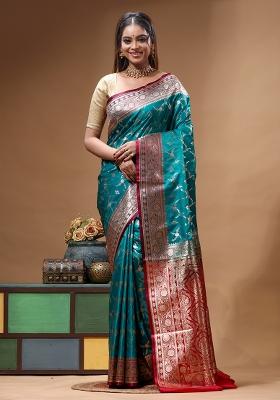 Blue Woven Design Silk Saree Set