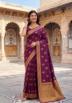Wine Ethnic Motifs Silk Saree Set