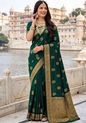 Dark Green Ethnic Motifs Silk Saree Set