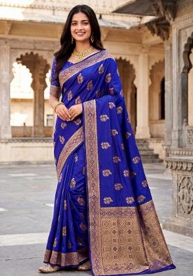 Royal Blue Ethnic Motifs Silk Saree Set