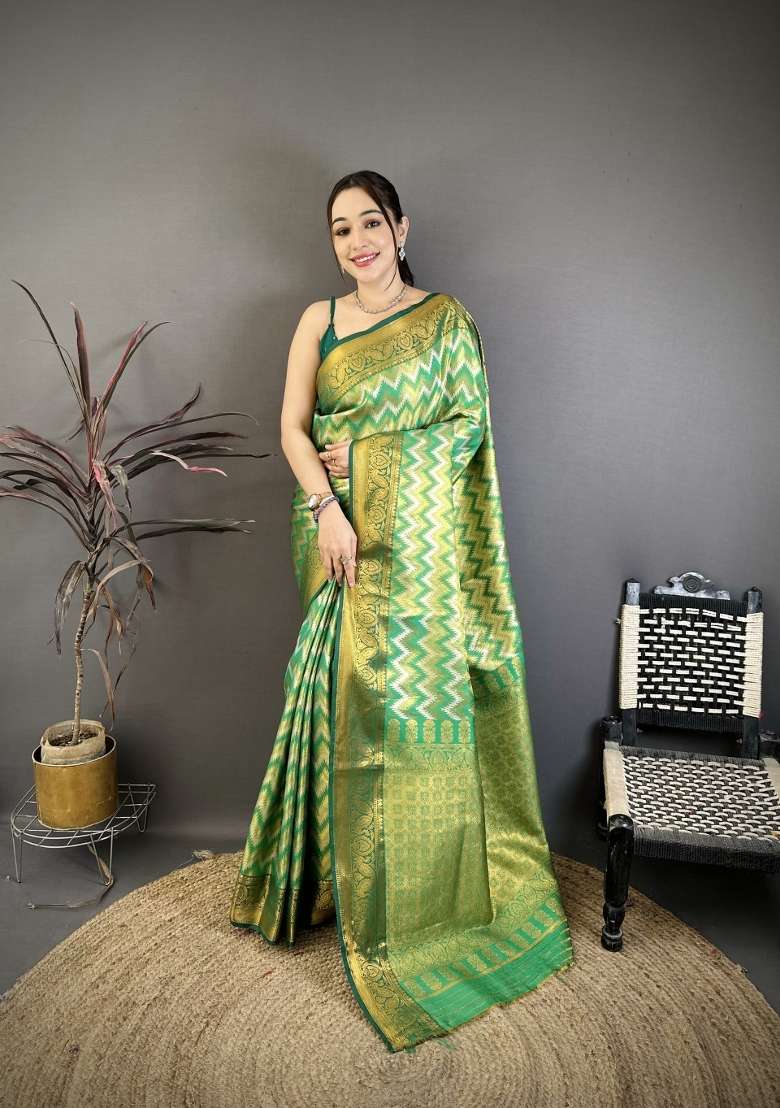 Light Green Zig Zag Silk Saree Set for Diwali and Festive Wear - Indya