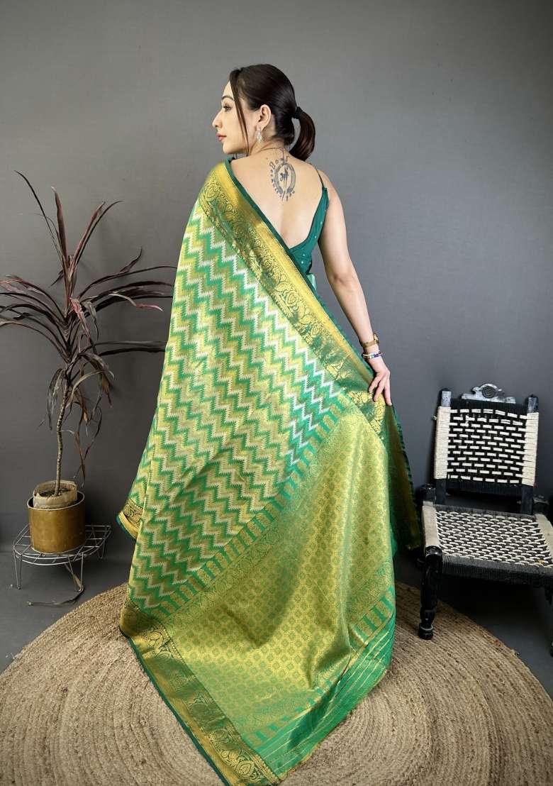 Light Green Zig Zag Silk Saree Set for Diwali and Festive Wear - Indya
