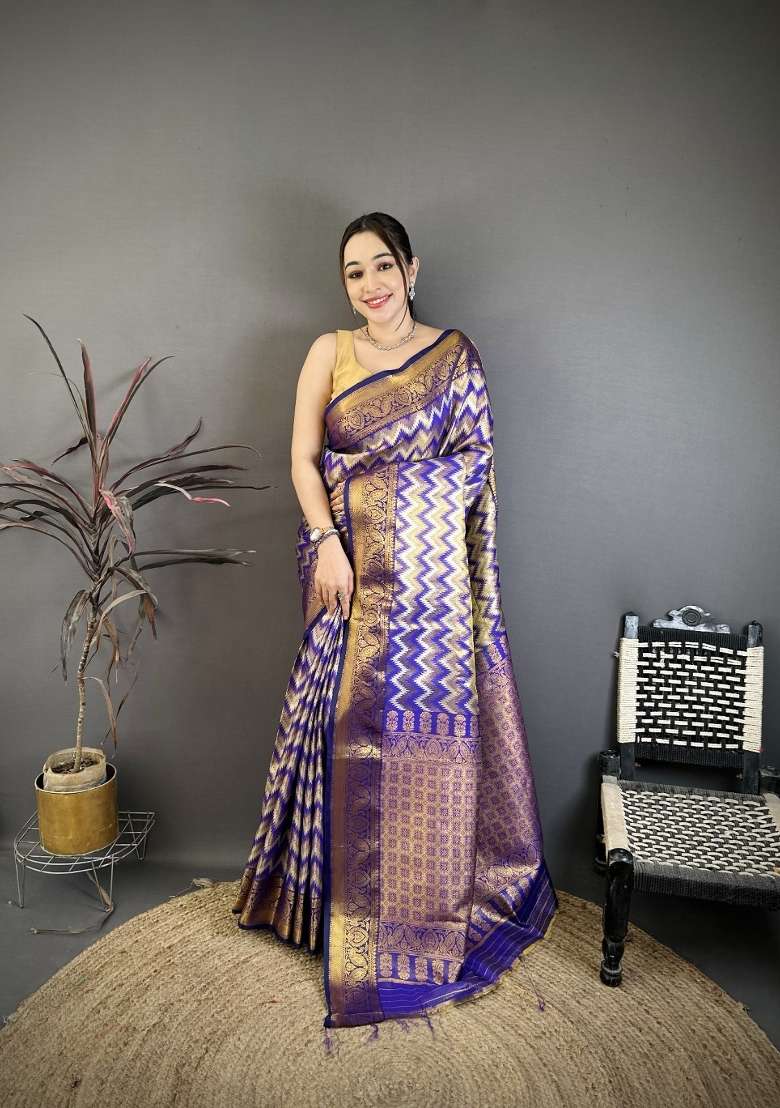 Purple Zig Zag Silk Saree Set for Diwali and Festive Wear - Indya
