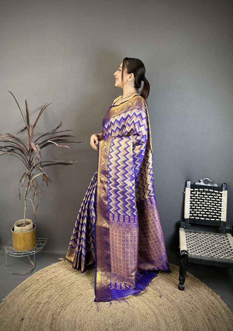 Purple Zig Zag Silk Saree Set for Diwali and Festive Wear - Indya