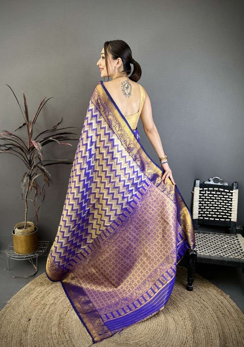 Purple Zig Zag Silk Saree Set for Diwali and Festive Wear - Indya