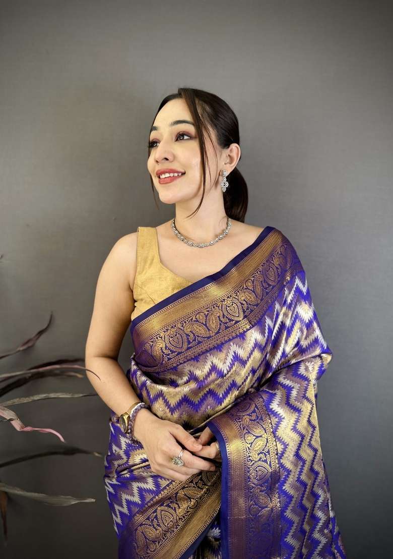 Purple Zig Zag Silk Saree Set for Diwali and Festive Wear - Indya