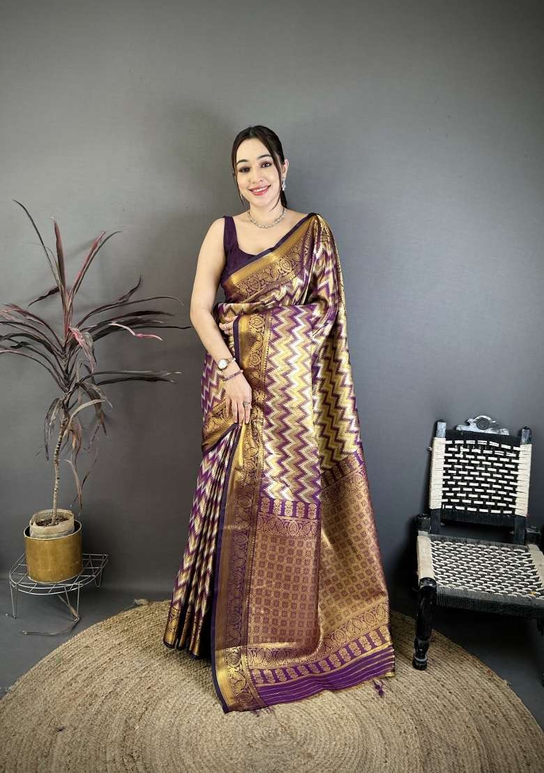 Wine Zig Zag Silk Saree Set for Diwali and Festive Wear - Indya