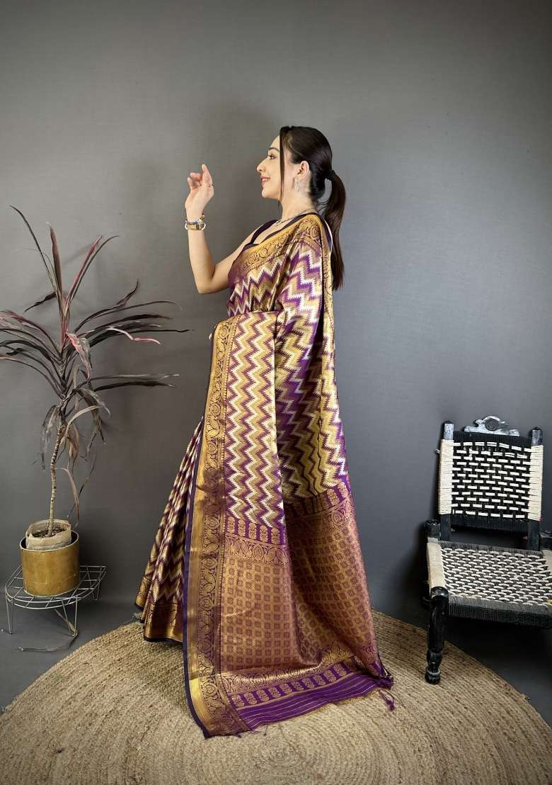 Wine Zig Zag Silk Saree Set for Diwali and Festive Wear - Indya