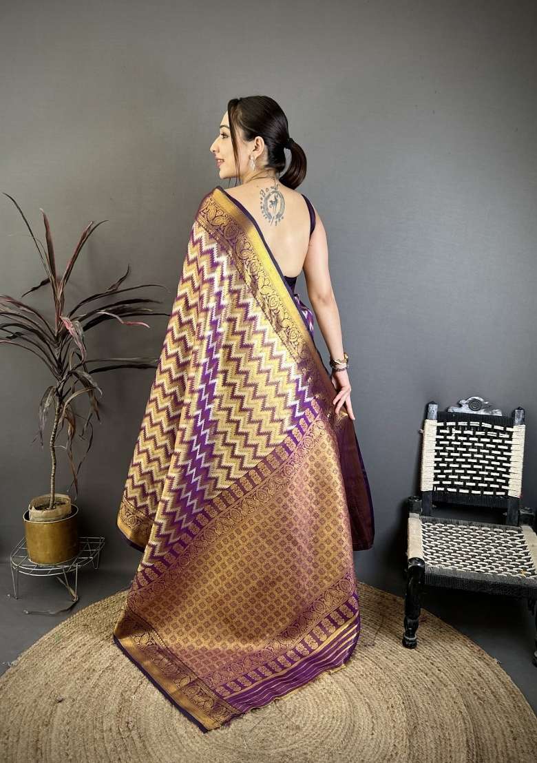 Wine Zig Zag Silk Saree Set for Diwali and Festive Wear - Indya