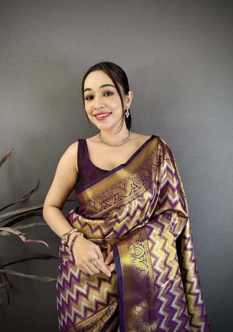 Wine Zig Zag Silk Saree Set for Diwali and Festive Wear - Indya