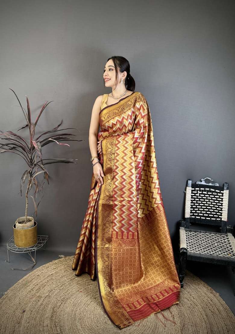 Maroon Zig Zag Silk Saree Set for Diwali | Wedding & Festive Wear - Indya
