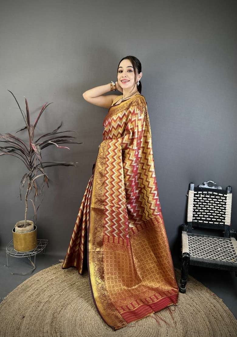 Maroon Zig Zag Silk Saree Set for Diwali | Wedding & Festive Wear - Indya