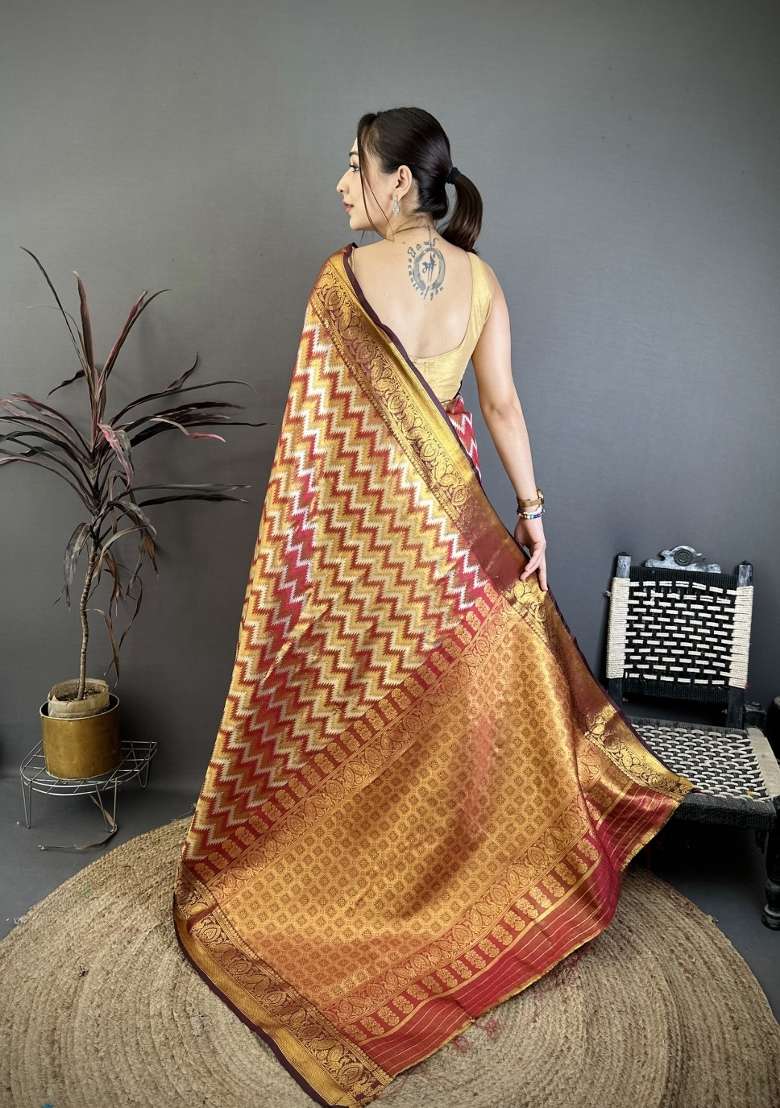 Maroon Zig Zag Silk Saree Set for Diwali | Wedding & Festive Wear - Indya
