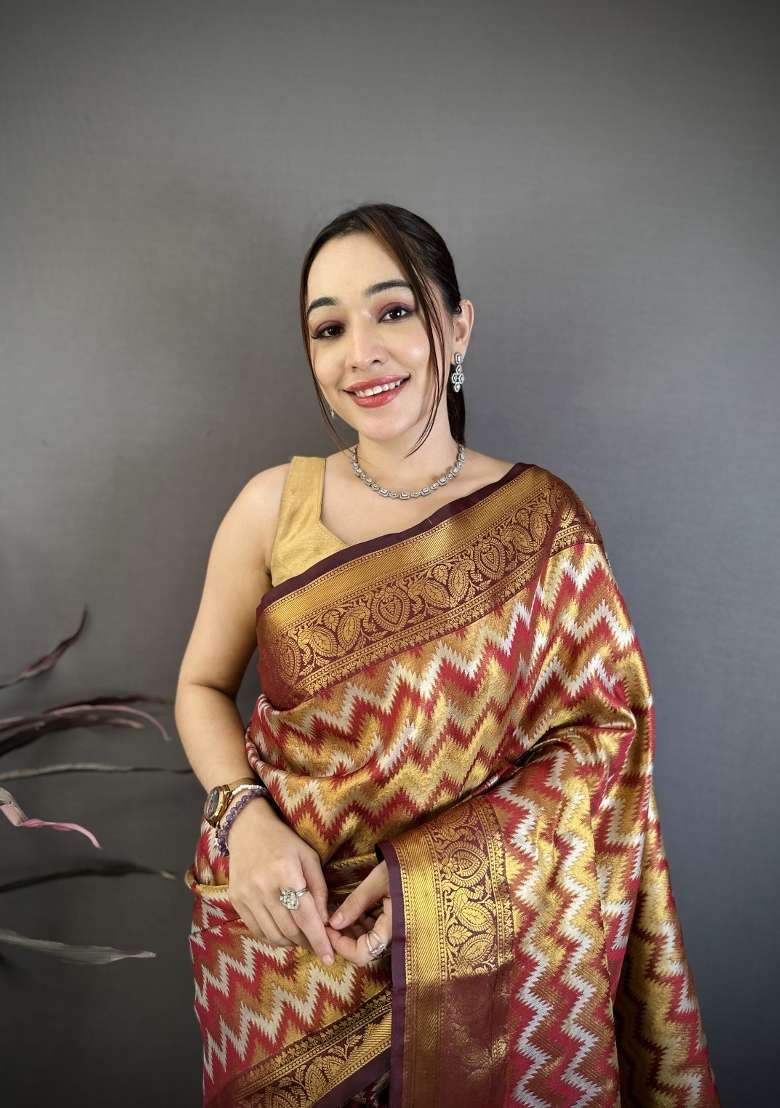 Maroon Zig Zag Silk Saree Set for Diwali | Wedding & Festive Wear - Indya