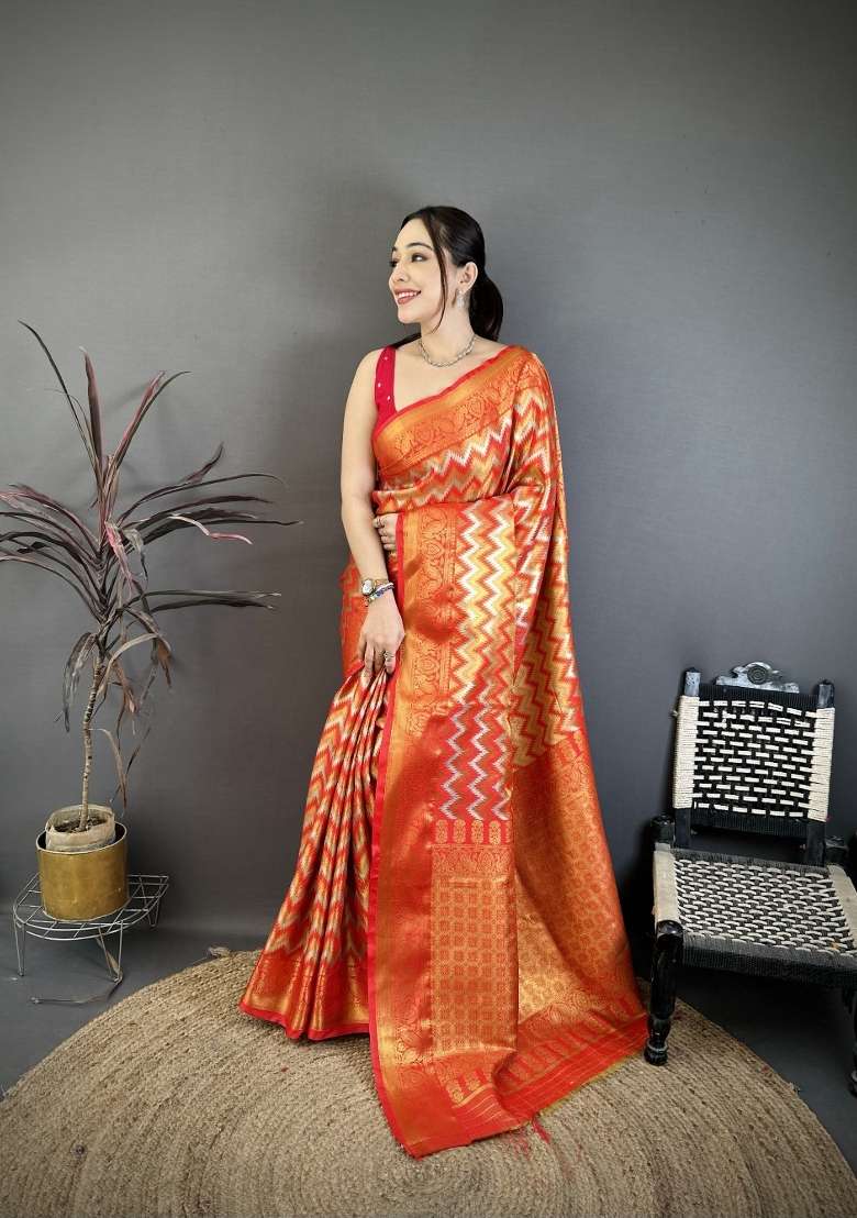 Red Zig Zag Silk Saree Set for Diwali and Festive Wear - Indya