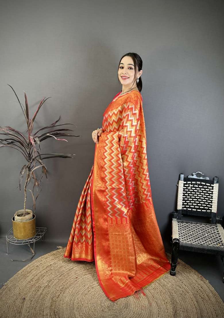 Red Zig Zag Silk Saree Set for Diwali and Festive Wear - Indya