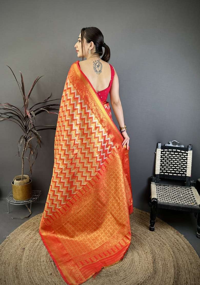 Red Zig Zag Silk Saree Set for Diwali and Festive Wear - Indya