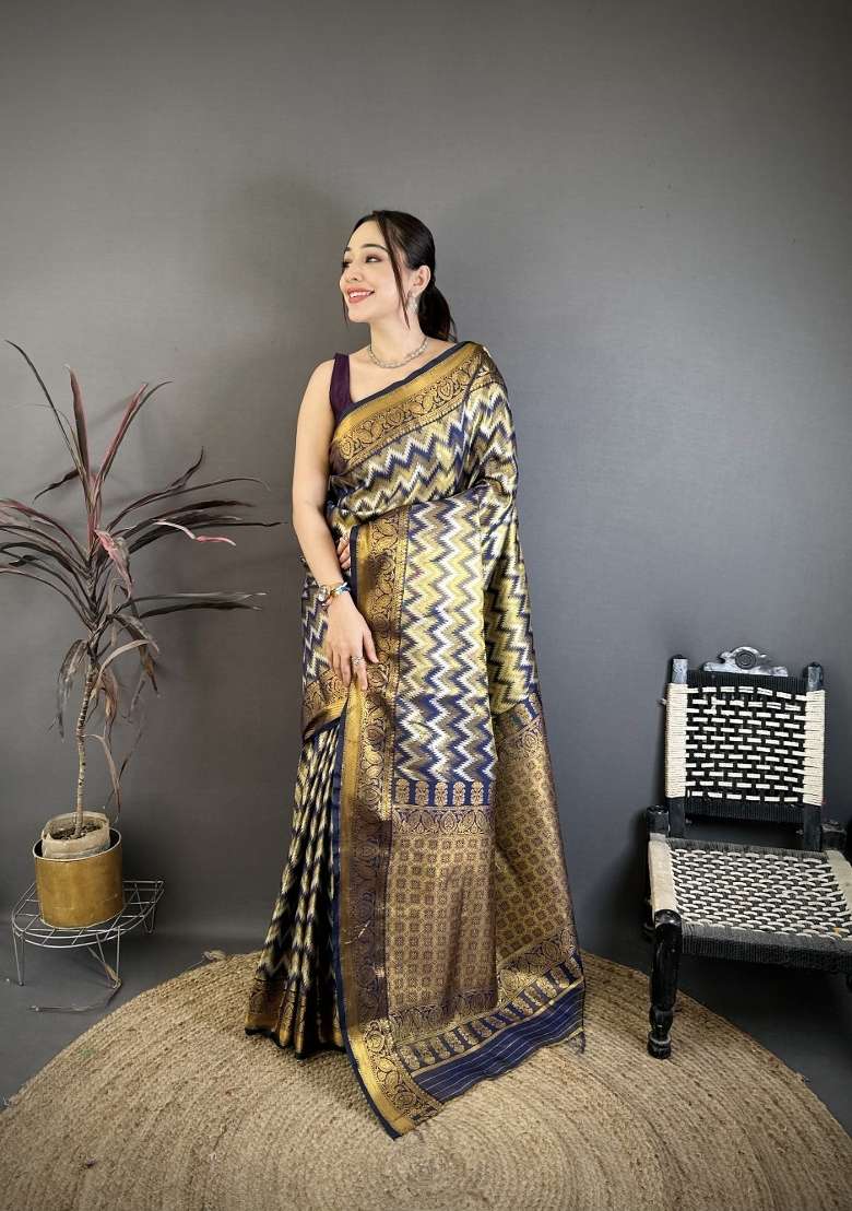 Navy Blue Zig Zag Silk Saree Set for Diwali and Festive Wear - Indya