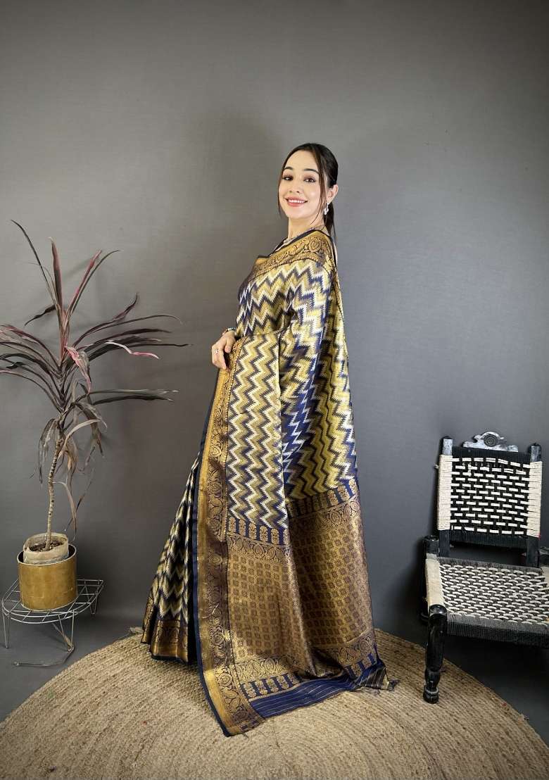 Navy Blue Zig Zag Silk Saree Set for Diwali and Festive Wear - Indya