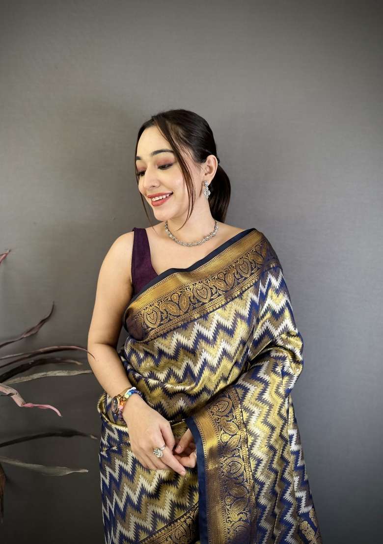 Navy Blue Zig Zag Silk Saree Set for Diwali and Festive Wear - Indya