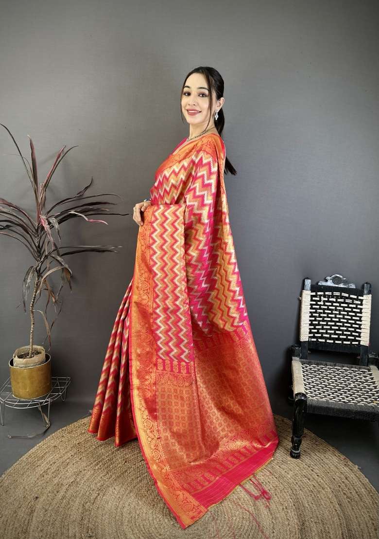 Pink Zig Zag Silk Saree Set for Diwali | Wedding & Festive Wear - Indya