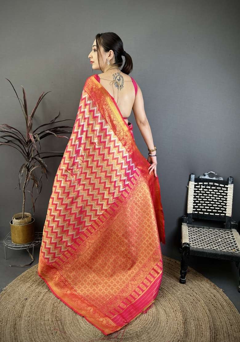Pink Zig Zag Silk Saree Set for Diwali | Wedding & Festive Wear - Indya