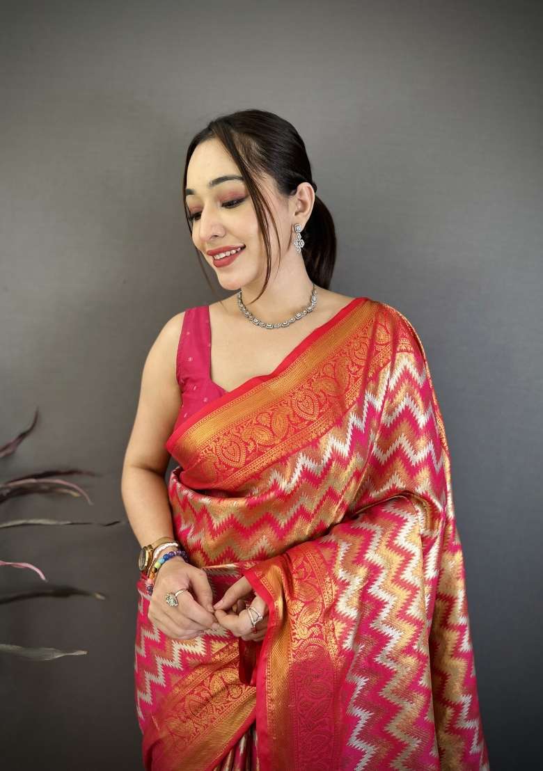 Pink Zig Zag Silk Saree Set for Diwali | Wedding & Festive Wear - Indya