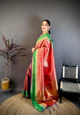 Red And Purple Ethnic Motifs Silk Saree Set